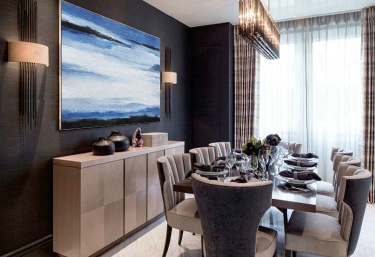 Large Abstract Painting,Horizontal Palette Knife Contemporary Art,Oversized Canvas Art,Navy Blue ,White,Black.etc